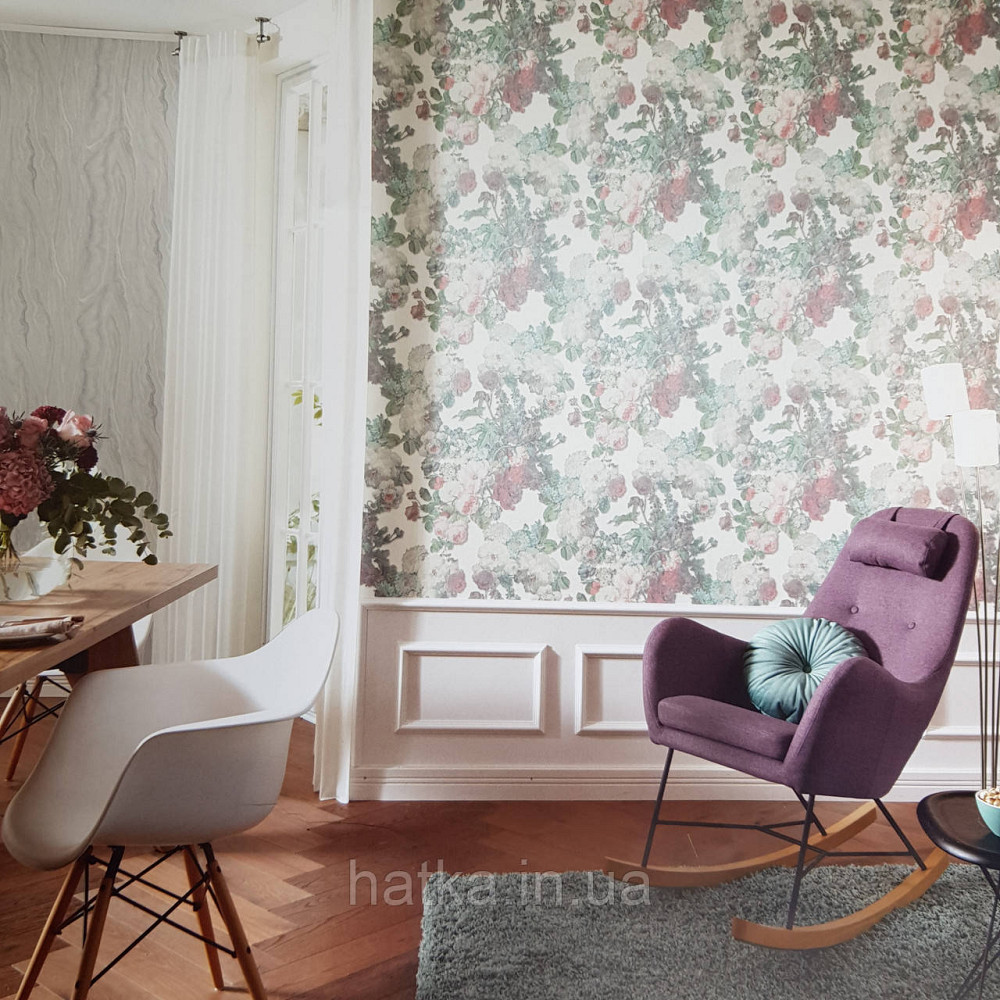Шпалери метрові вінілові на флізелін дизайнерські Erismann Elle квіти листя рожеві сині зелені на білому Київ - фото 2