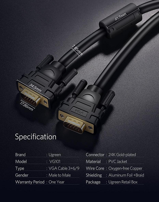 VGA кабель Ugreen 15-pin 1080p 11673 (Черный, 1м) Николаев - изображение 10