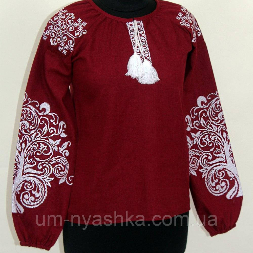 Натуральная льняная вышиванка  женская бордовая блузка с вышивкой  