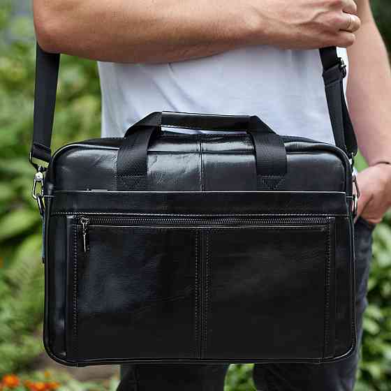 Чорна шкіряна чоловіча сумка для роботи та повсякденності Київ