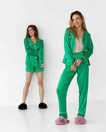 Комплект шовковий трійка сорочка з шортами і штанами Зелений M Харків