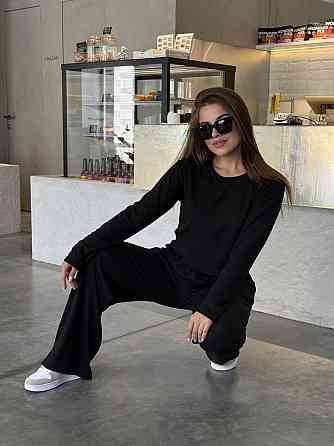 Женский костюм штаны с лонгсливом рубчик Бежевый Черный XS/S Харьков