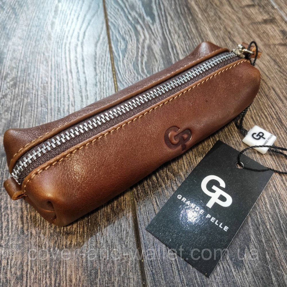 Коричневая глянцевая кожаная ключница бочка Grande Pelle Киев - изображение 1