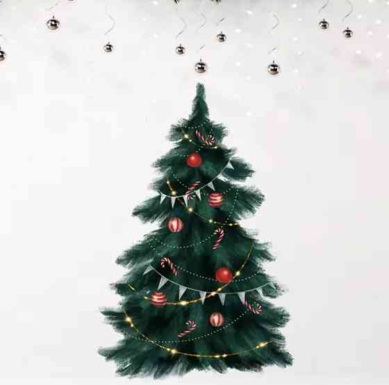 Наклейка новорічна на вікна Ялинка з кульками 95 на 63 см картина на 2-х листах розмірами 60на40см силікон зелений Київ