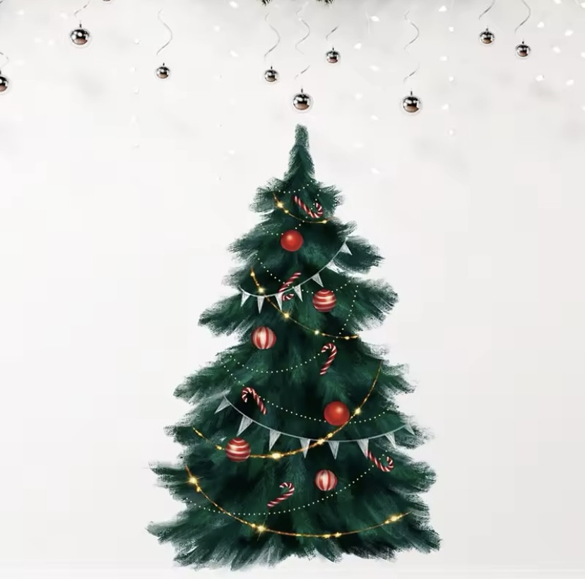 Наклейка новорічна на вікна Ялинка з кульками 95 на 63 см картина на 2-х листах розмірами 60на40см силікон зелений Київ - фото 5