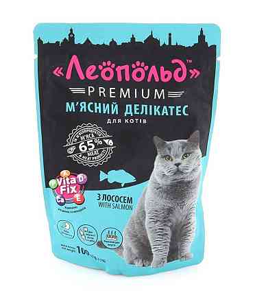 Вологий корм Леопольд Преміум м'ясний делікатес з лососем для кішок 100 г Вінниця