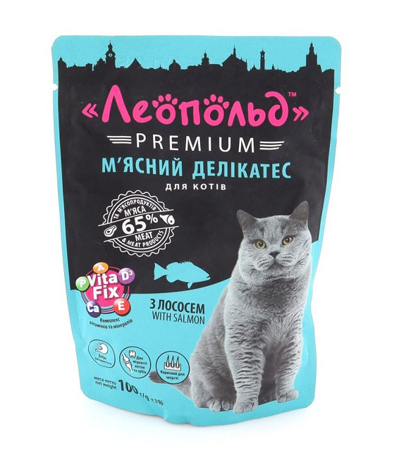 Вологий корм Леопольд Преміум м'ясний делікатес з лососем для кішок 100 г Вінниця - фото 1