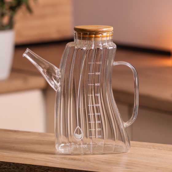 Скляна пляшка для олії 1 л HP-34-3 з ручкою та бамбуковою кришкою HP-34-3 Коломия