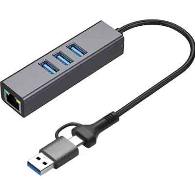 Адаптер USB 3.0 Type-C/Type-A to RJ45 Gigabit Lan, 3*USB 3.0, cable 13 cm Dynamode (DM-AD-GLAN-U3) Винница