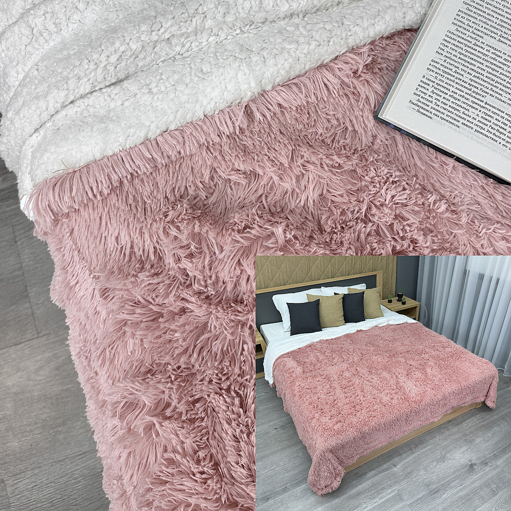 Плед-покривало 200х230 см (+-10см) Травка на овчині колір пудровий з білим (87-221) Київ - фото 1