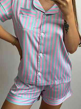 Жіноча сатінова піжама смужка Блакитно-Розовий XS-S Харків