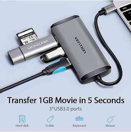 Хаб адаптер перехідник Vention Type-C - HDMI + USB3.0*3 + PD конвертер 15 см, колір металево сірий CNBHB Одеса