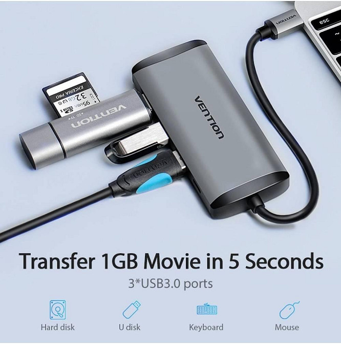 Хаб адаптер перехідник Vention Type-C - HDMI + USB3.0*3 + PD конвертер 15 см, колір металево сірий CNBHB Одеса - фото 4