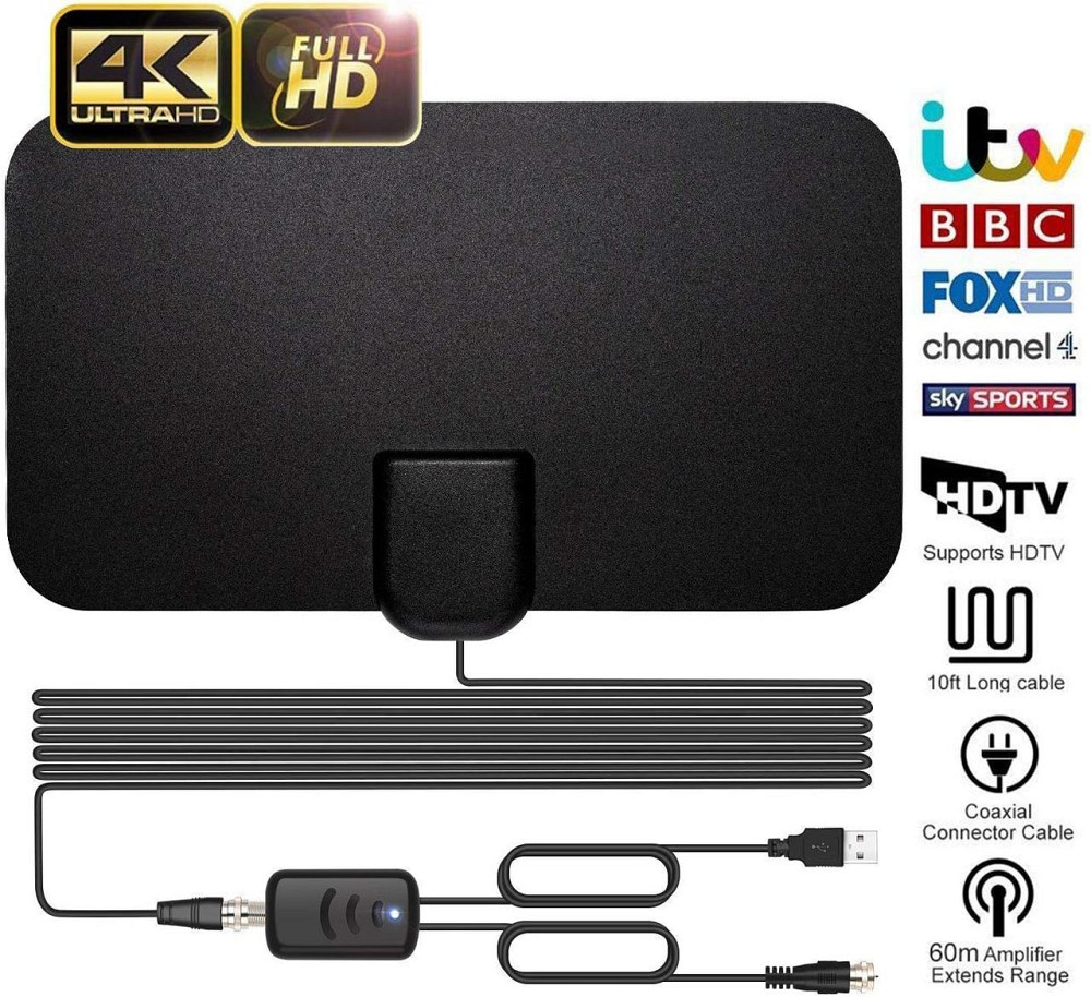 Антена телевізійна KYT-ANT001_SML чорна внутрішня з підсилювачем 60+ миль 4K/1080P VHF/UHF для Т2 вбуд. тюнер Київ - фото 1