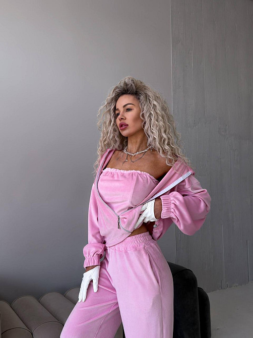 Женский велюровый костюм тройка: кофта корсет и штаны Розовый, 48/52 Одесса - изображение 7