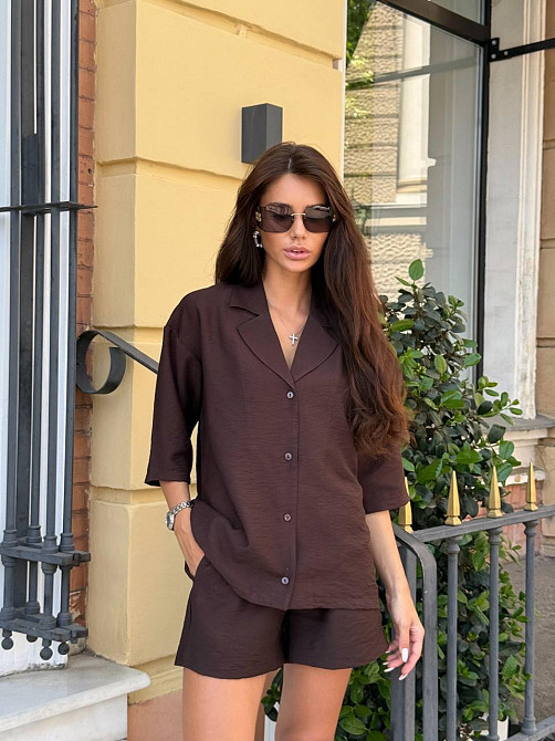 Женский летний базовый костюм двойка: шорты + рубашка свободного кроя лен бохо Одесса - изображение 8