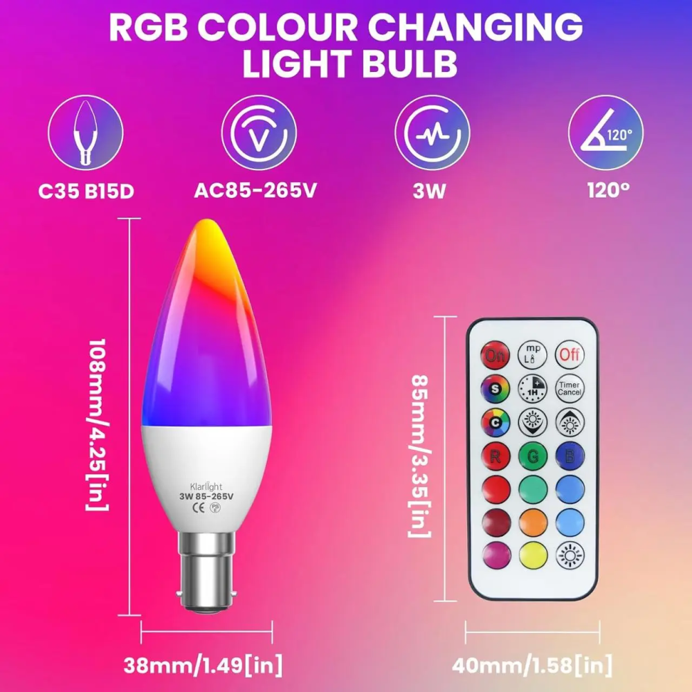 LED лампа Klarlight B15/SBC RGBW, 16 цветов, Warm White 3000K, пульт ДУ, диммер, таймер, память, C35 Киев - изображение 5