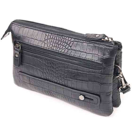 Чудовий клатч для чоловіків із натуральної фактурної шкіри з тисненням під крокодила Чорний (CANPELLINI) Київ