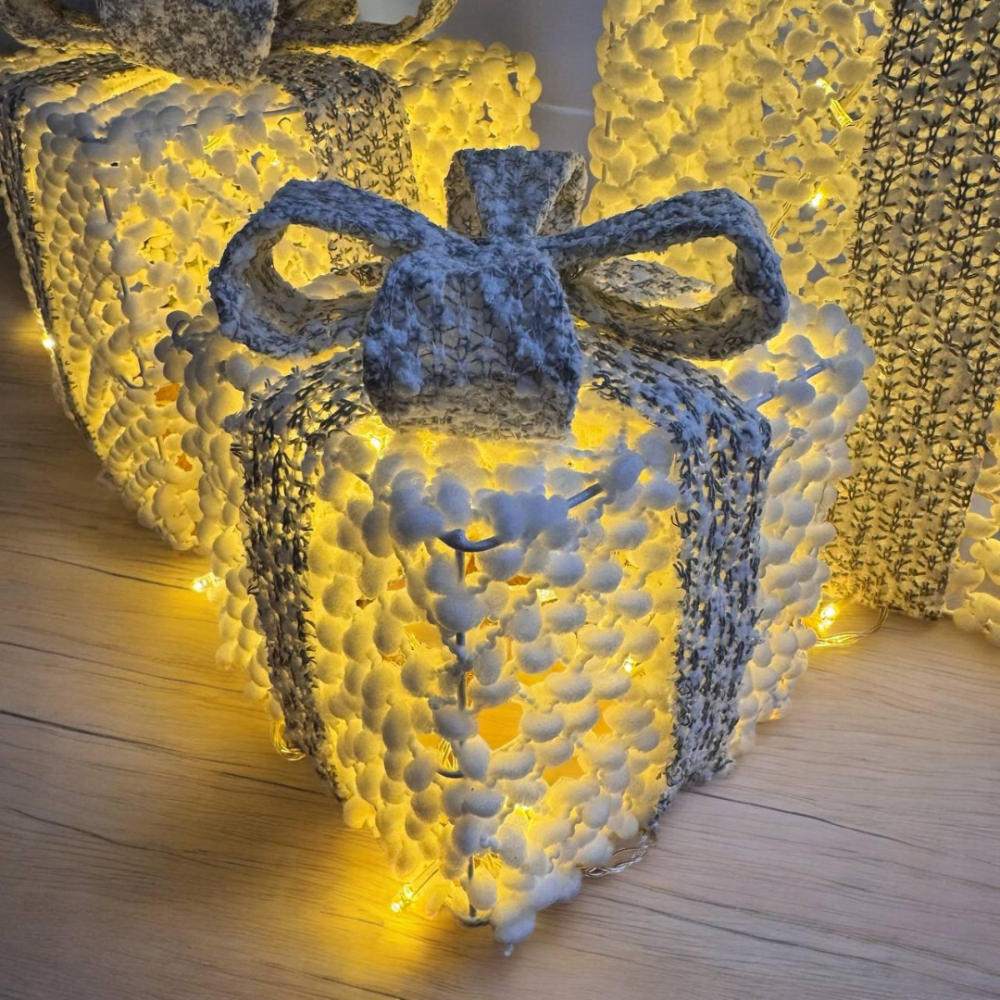 Новогодний декор LED подарки Niki light набор 3 белые коробочки с серебряным бантом Теплый Белый Киев - изображение 5