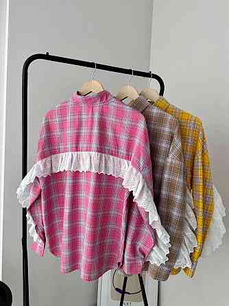 Женская стильная оверсайз рубашка в клетку с акцентными рукавами Розовый Одесса