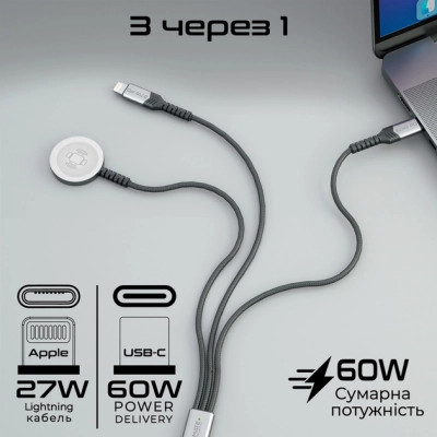 Дата кабель USB-C to Lightning 27W + USB-C 60W + Apple Watch 2.5W 1.5m icharge trio black Promate (icharge-trio.black) Вінниця - фото 2