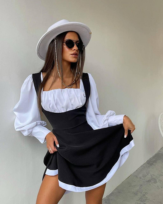 Женский сдержанный костюм двойка: блуза и сарафан в классическом стиле крепдайвинг + котон Одесса - изображение 7