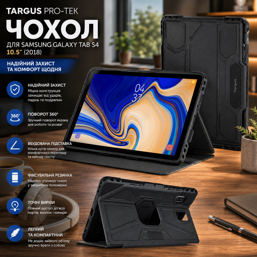 Чехол Targus Pro-Tek для Samsung Galaxy Tab S4 10.5 (2018), поворотный защитный чехол 360°, подставка, черный THZ752GL Киев - изображение 10