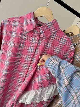 Женская стильная оверсайз рубашка в клетку с акцентными рукавами Розовый Одесса