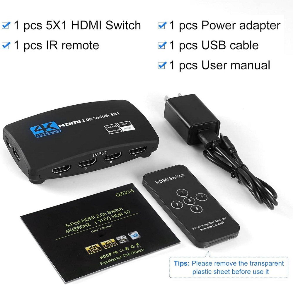 HDMI перемикач NEWCARE на 5 портів з пультом, 4K 60Hz HDMI 2.0b UHD, сумісний з PS5, Apple TV, XBOX, Nintendo Київ - фото 3