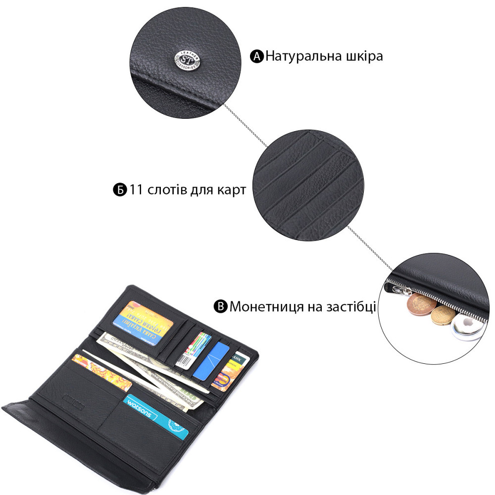 Жіноче портмоне з блоком для карт з натуральної шкіри ST Leather 22698 Чорний Київ - фото 4