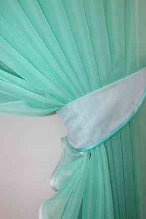 Кухонні шторки VR-Textil № 060к "Дует" з підв'язками бірюзовий з білим 330х170 см (50-323) Київ