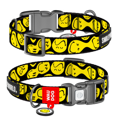 Ошейник для животных WAUDOG Nylon с QR-паспортом "Смайлики на черном", пластиковый фастекс S (280-0181) Винница - изображение 1