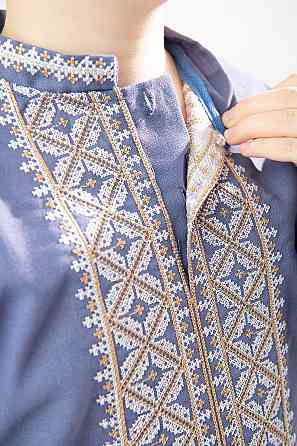 Вишиванка лляна, для хлопчика з довгим рукавом, розміри на зріст колір джинс Київ