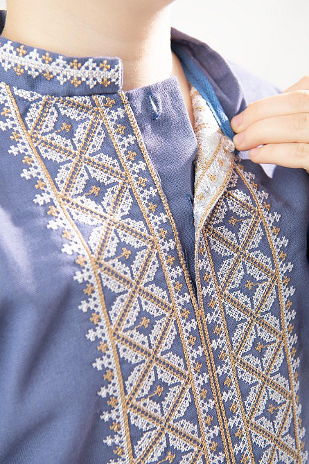 Вишиванка лляна, для хлопчика з довгим рукавом, розміри на зріст колір джинс Київ - фото 2