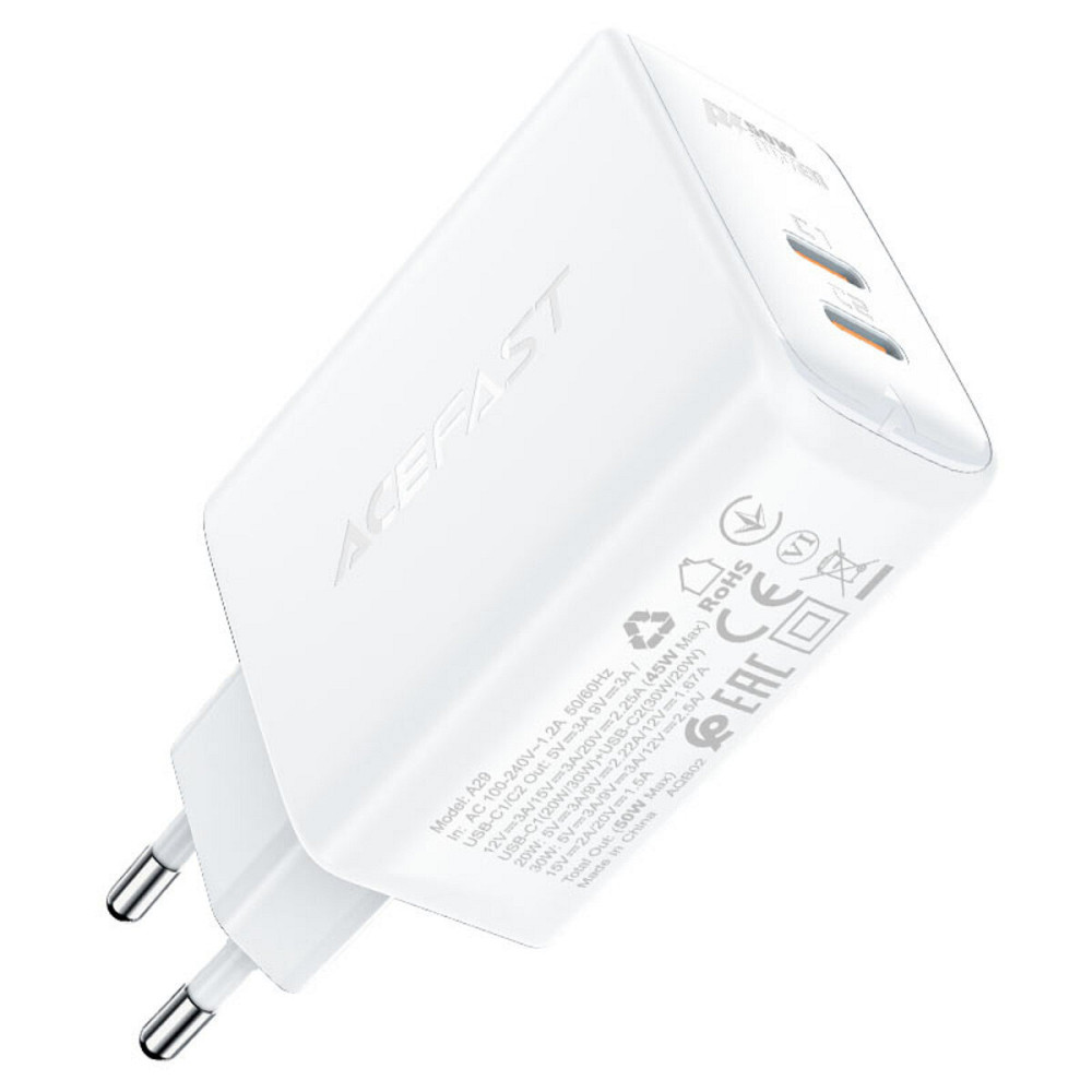 Мережевий зарядний пристрій ACEFAST A29 PD50W GaN (USB-C+USB-C) dual port charger White Киев - изображение 1