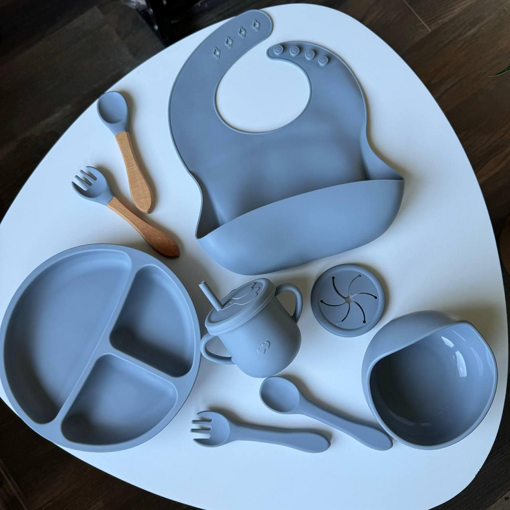 Набір дитячого силіконового посуду для дітей 9 предметів на присосках Колір сірий пакунок малюка Київ - фото 8