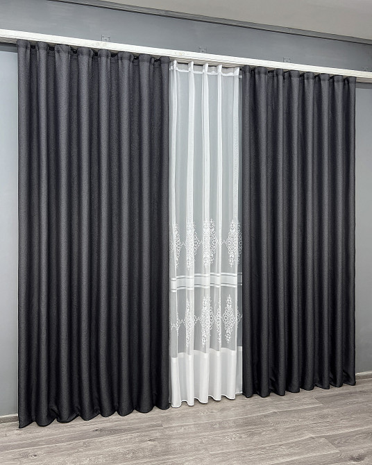 Комплект штор VR-Textil Льон Мішковина 150х270 2шт і Тюль 600х270 1161ш-1703т Графітовий з білим 71-178/5 Київ - фото 3