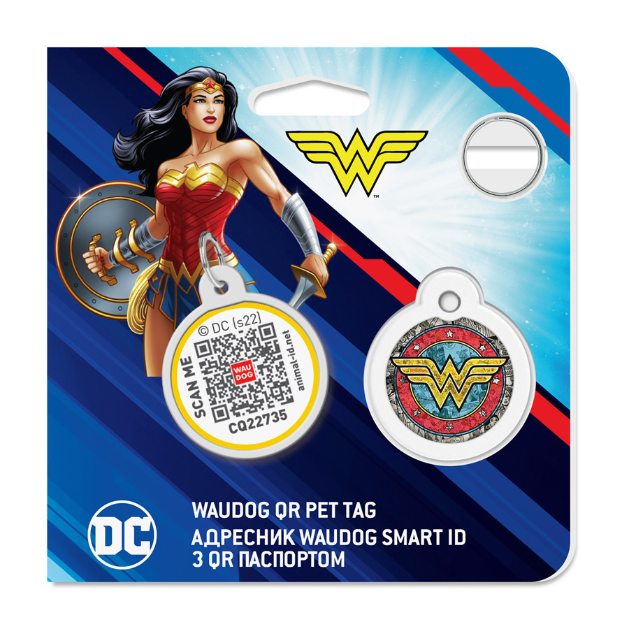 Адресник для собак і котів металевий WAUDOG Smart ID з QR-паспортом, малюнок "Диво-жінка 2", коло, Д 25 Вінниця - фото 5