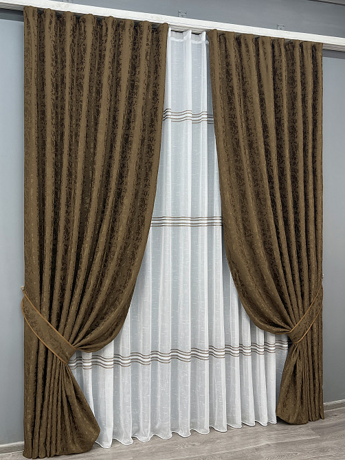 Комплект штор VR-Textil Льон Мармур 200х270 2шт і Тюль 500х270 1261ш-1429т Коричневий з білим 71-176/6 Київ - фото 2