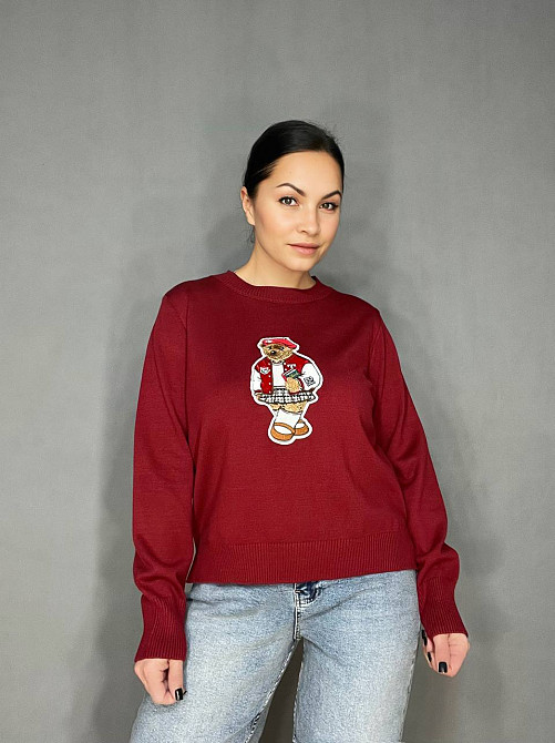 Светр жіночий A-N 2609 з нашивкою ведмедика оверсайз базовий one size, бордовий, one size Київ - фото 14
