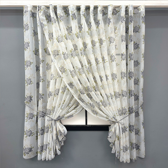 Кухонные шторки VR-Textil № 101к с подвязками Белый с серым 320х170 см (52-1211) Киев - изображение 1