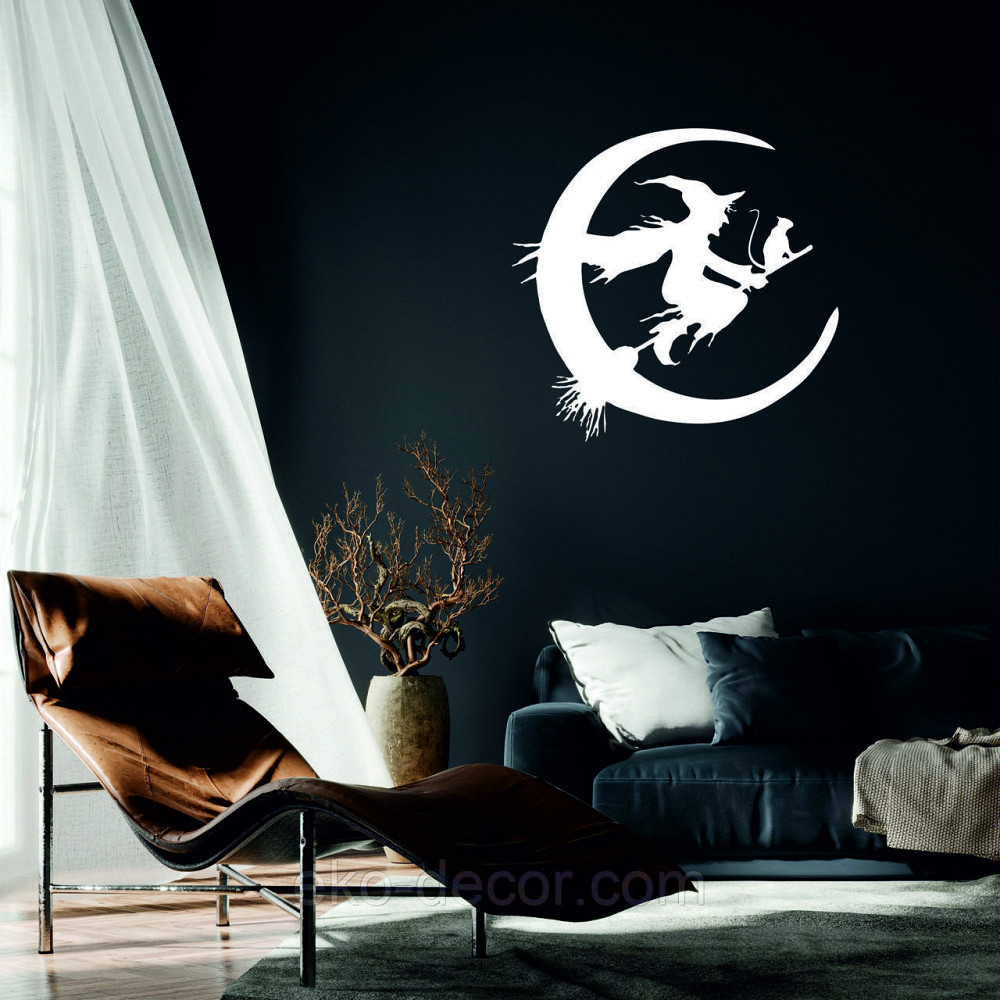 Декоративное настенное Панно «Ведьма на метле с котом», Декор на стену 70*67 см, Белый Киев - изображение 1