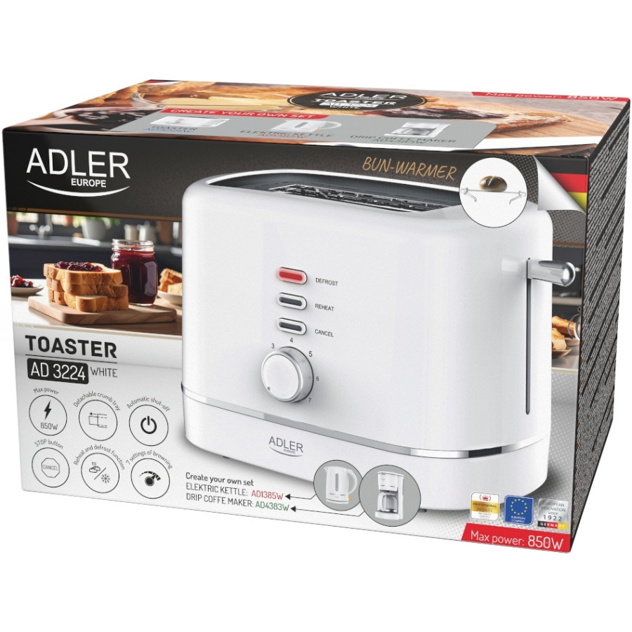 Тостер Adler AD 3224 white 850Вт/ 2 відділення/7 режимів підсмажування/розморожування/підігрів булок Вінниця - фото 10
