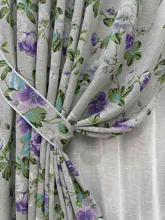 Комплект готових штор VR-Textil Льон з квітковим принтом "Прованс" № 2084ш Світло-сірий з фіолетовим 150х270 см 2 шт (33-1314) Київ
