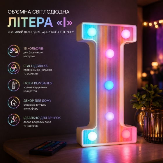 Об'ємна світлодіодна літера «I» з райдужним принтом: 16 кольорів, RGB-пульт, декор для дому та вечірок Київ