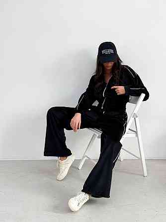 Женский повседневный велюровый костюм двойка: кофта и брюки Черный, 42/46 Одесса