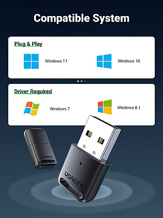Bluetooth-адаптер Ugreen USB Bluetooth 5.0 передавач для комп'ютера, ноутбука 80890 (Чорний) Николаев - изображение 8