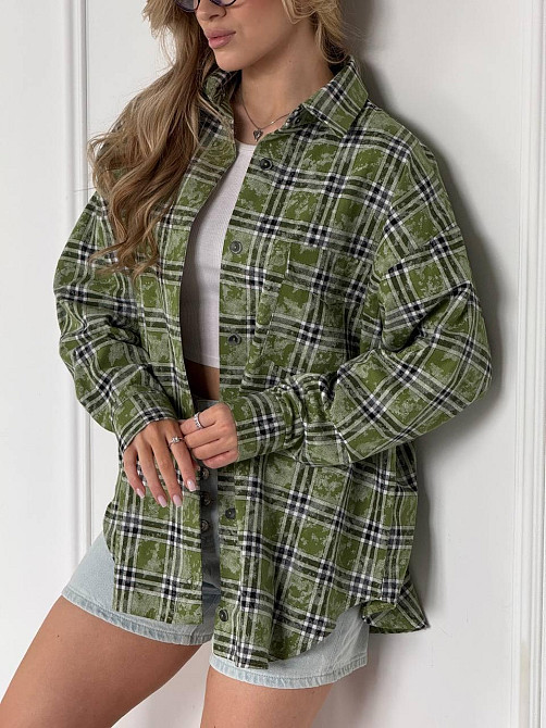 Женская трендовая оверсайз рубашка в клетку коттон варка Зелёный Одесса - изображение 1