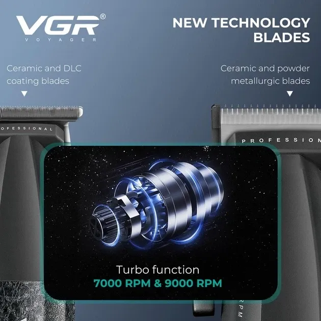 Барбер-набір 4в1 VGR V-640 S4 Black: машинка, тример, шейвер, фен BLDC 9000 RPM, USB Type-C, LED-дисплей Одеса - фото 7