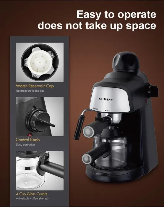 Парова кавоварка для еспресо SK-6810 800Вт 3,5 бар капучинатор 4 чашки кавоварки для дому Одеса - фото 4